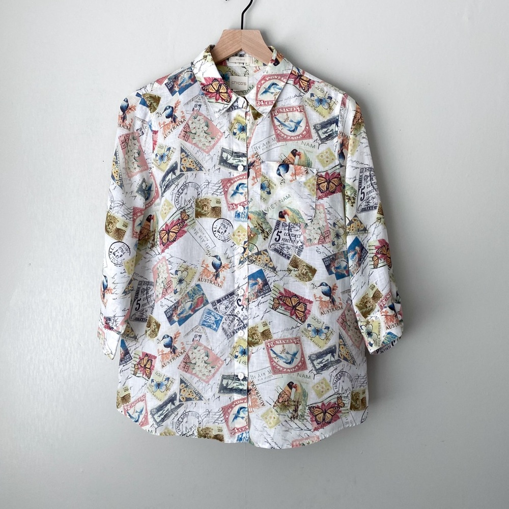 Chicos 100% Linen No Iron Novelty Stamp Print Button Blouse